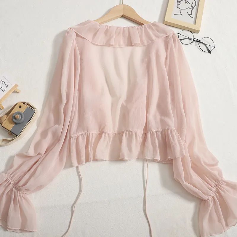 Super fairy sun protection clothing women's summer light sun protection cardigan short coat chiffon shirt with suspenders small shawl blouse for women