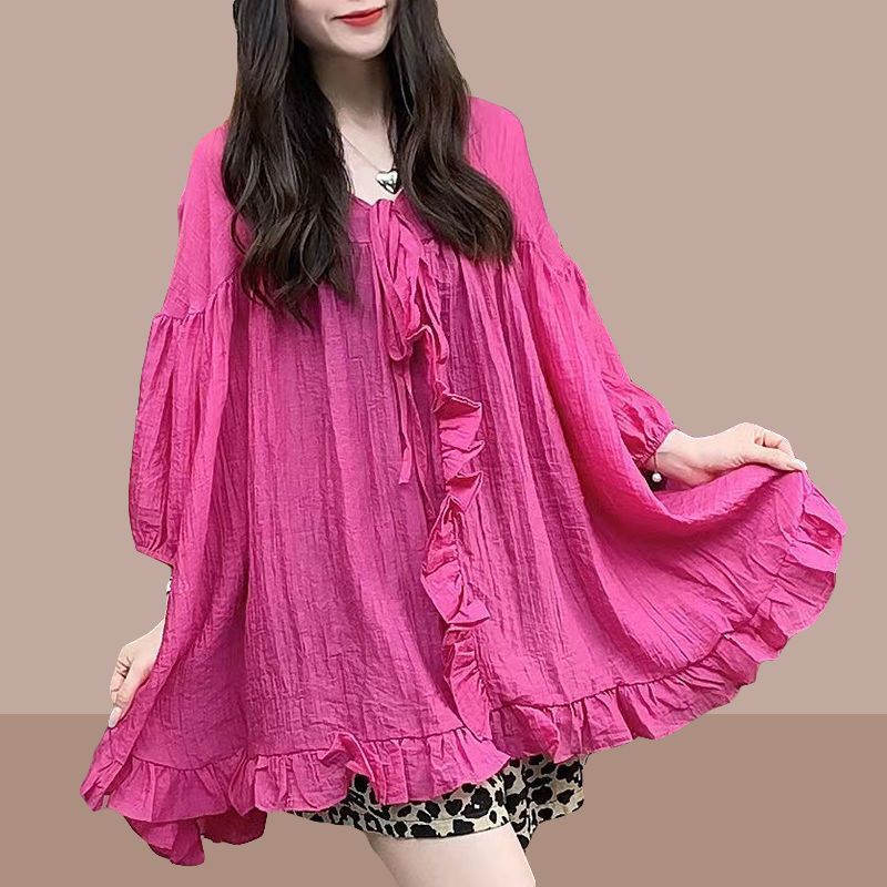 Large size fat sister loose fungus lace tie design sense three-quarter sleeves summer Korean sunscreen shirt top women