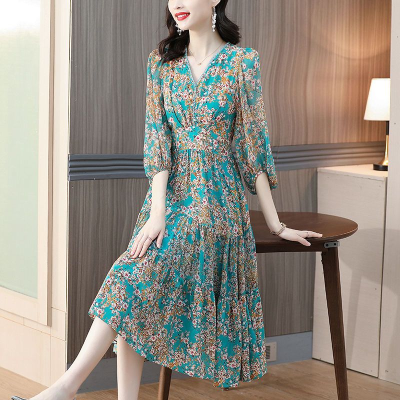 Dress women's  summer new loose floral imitation silk mid-length noble mid-sleeve printed a-line skirt