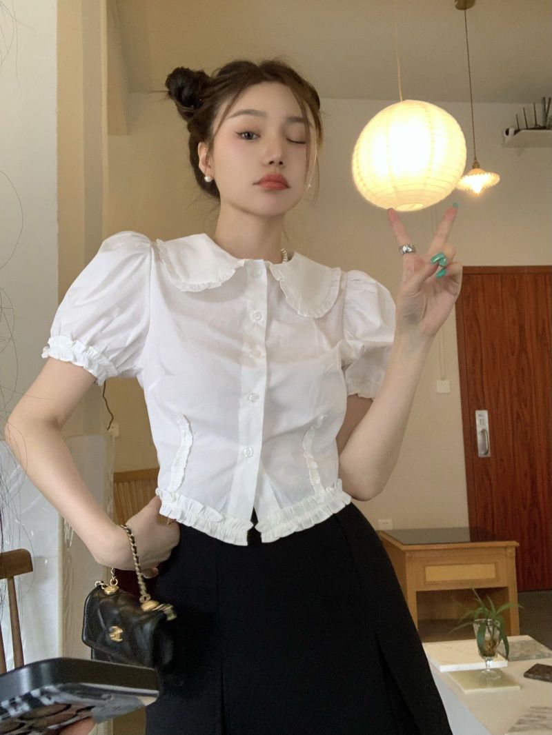 Retro Puff Sleeve Doll Collar Shirt Women's Clothes Summer 2023 New Short Short Sleeve White Top With Wooden Ears