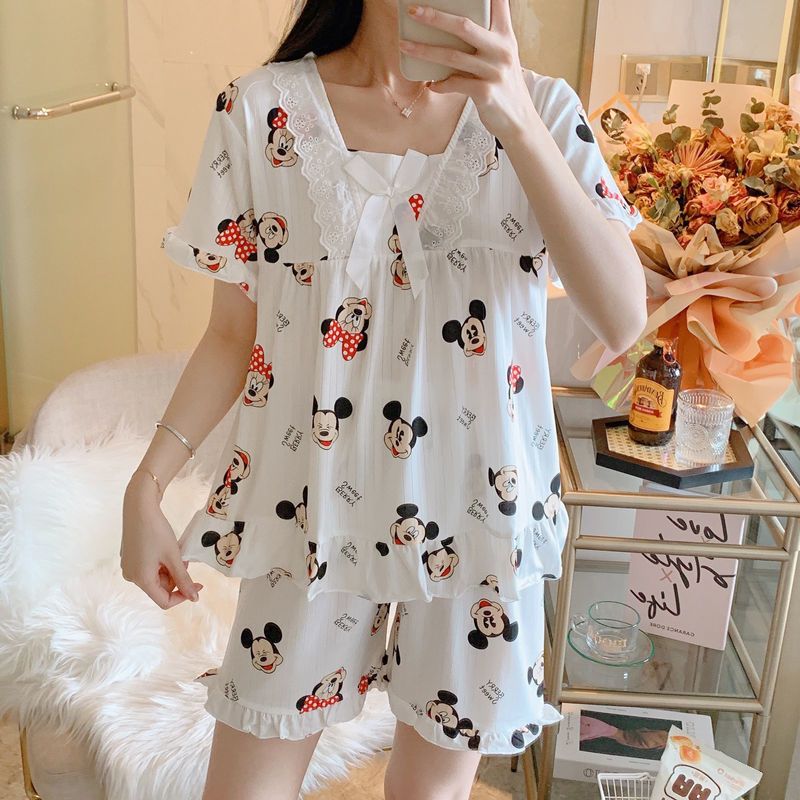 Pajamas ladies summer short-sleeved cute student fat MM Korean version loose sweet home clothes can be worn outside two-piece suit