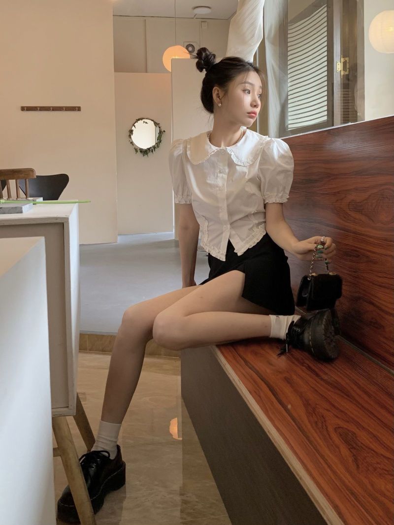 Retro Puff Sleeve Doll Collar Shirt Women's Clothes Summer 2023 New Short Short Sleeve White Top With Wooden Ears