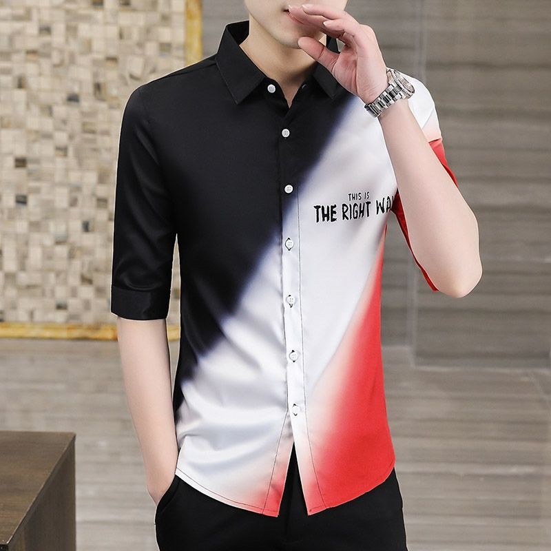 Summer new gradient color short-sleeved men's shirt slim Korean version of the middle sleeve five-quarter sleeves printed casual non-ironing shirt