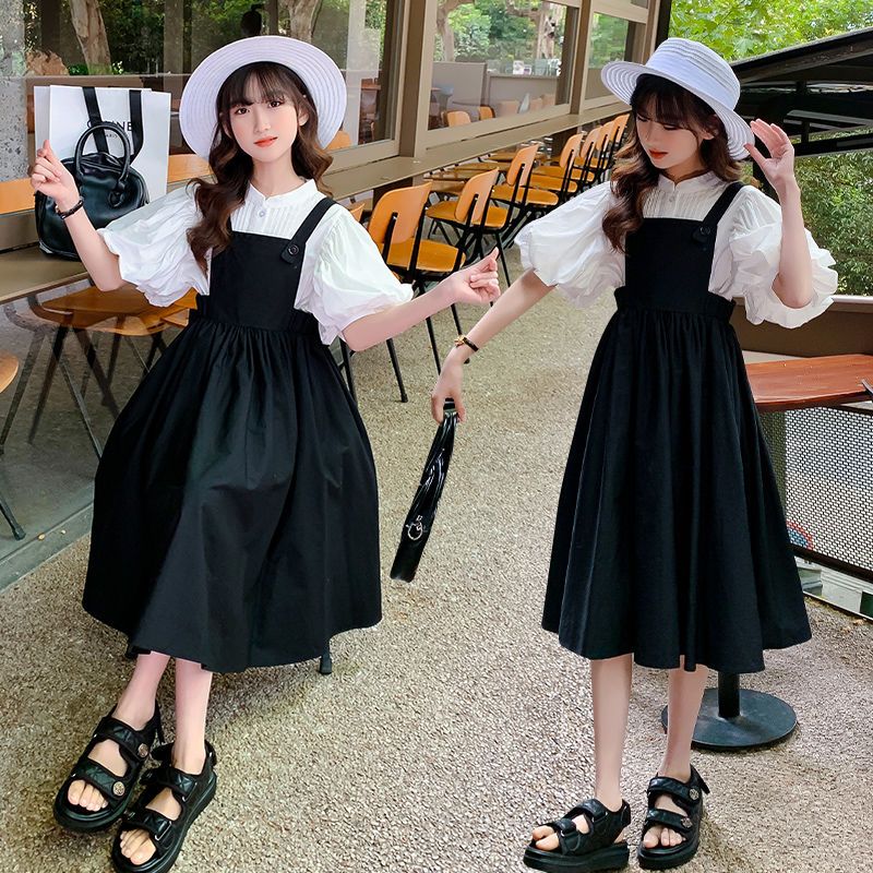 女童連衣裙夏季2023夏裝女孩背帶裙黑色公主裙兒童泡泡袖套裝裙子