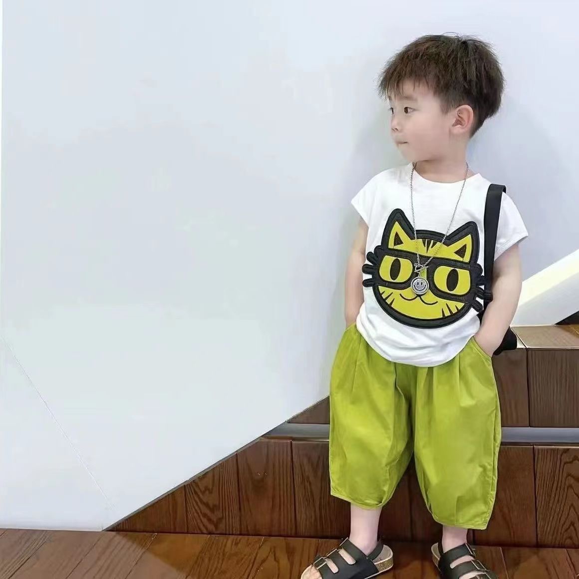 男童夏季套裝2022夏裝新款韓版短袖T恤時髦兒童七分防蚊褲兩件套