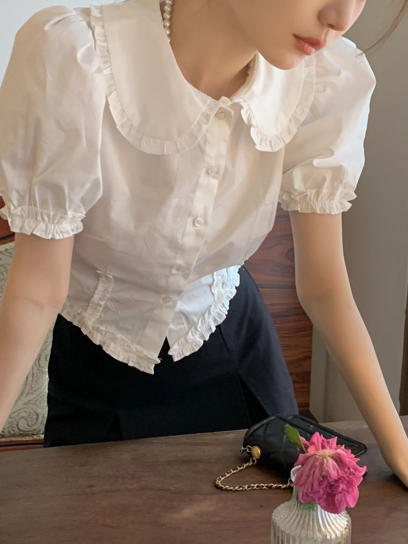 Retro Puff Sleeve Doll Collar Shirt Women's Clothes Summer  New Short Short Sleeve White Top With Wooden Ears