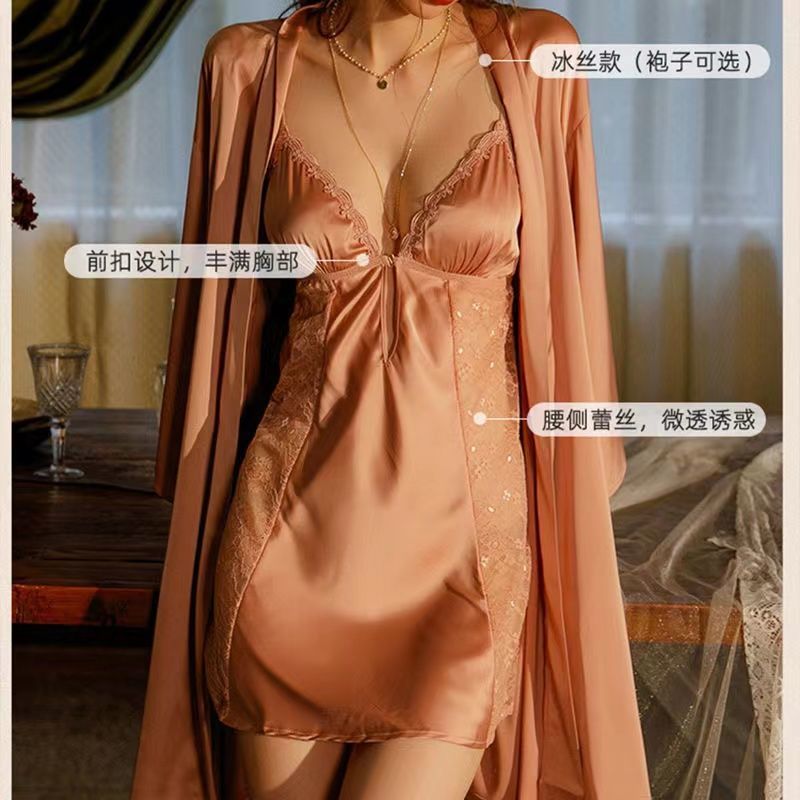 Sexy pajamas women's summer ice silk high-end feeling with chest pad loose suspender nightdress 2022 new suit summer