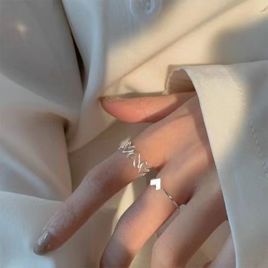 韩版爆款百搭戒指ins学生爱心两件套戒指女时尚个性可调节开口戒