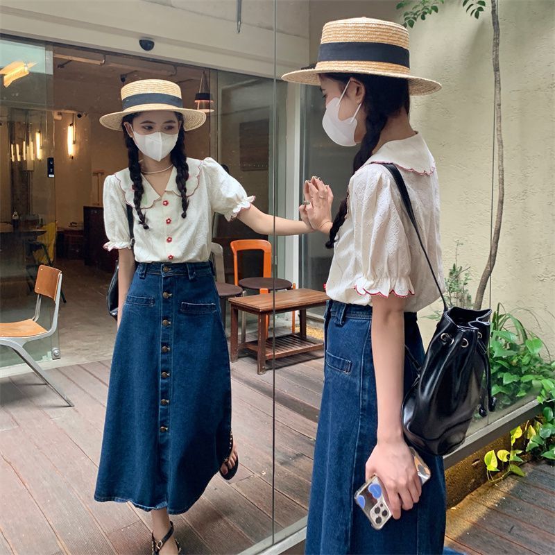 兩件套裝/單件法式田園風娃娃領襯衫夏季短袖減齡襯衣+牛仔半身裙