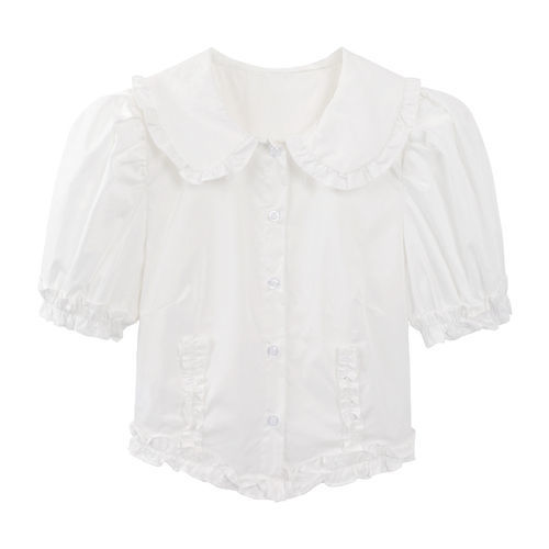 Retro Puff Sleeve Doll Collar Shirt Women's Clothes Summer 2023 New Short Short Sleeve White Top With Wooden Ears