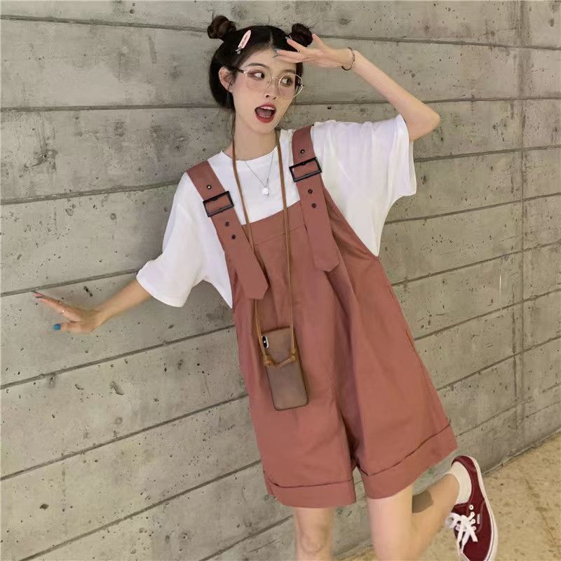 Single/set overalls 2022 new student Korean version loose t-shirt + fashion casual one-piece shorts two-piece set