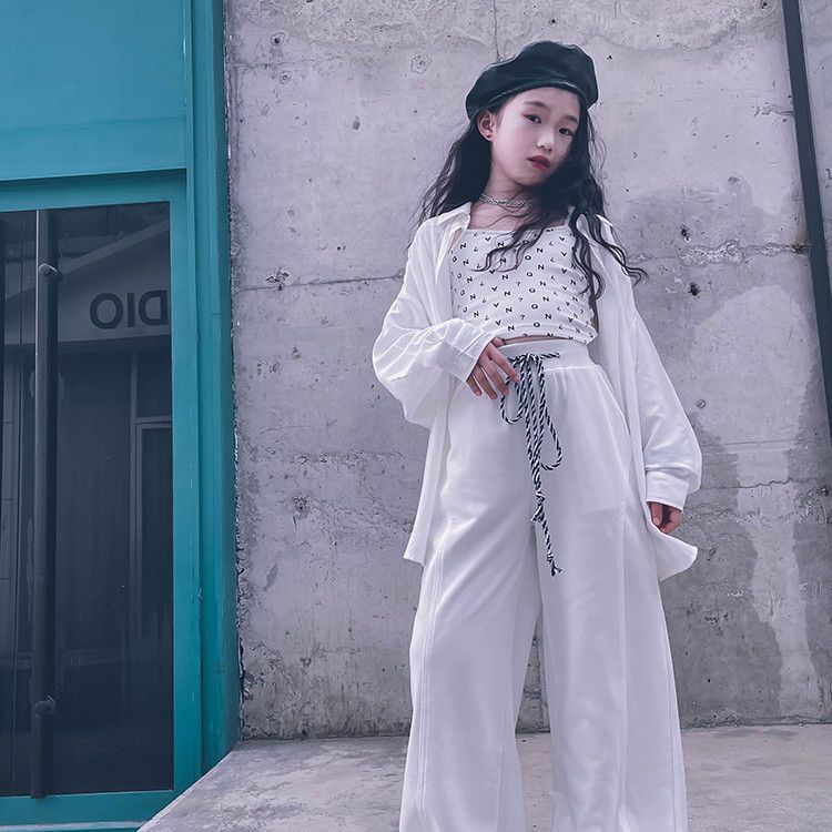 2022 new Korean version of boys and girls pure white shirt middle and big children thin section sun protection clothing hip-hop drape shirt parent-child