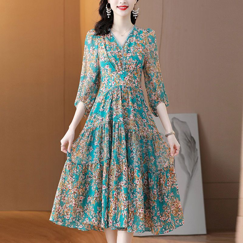 Dress women's  summer new loose floral imitation silk mid-length noble mid-sleeve printed a-line skirt