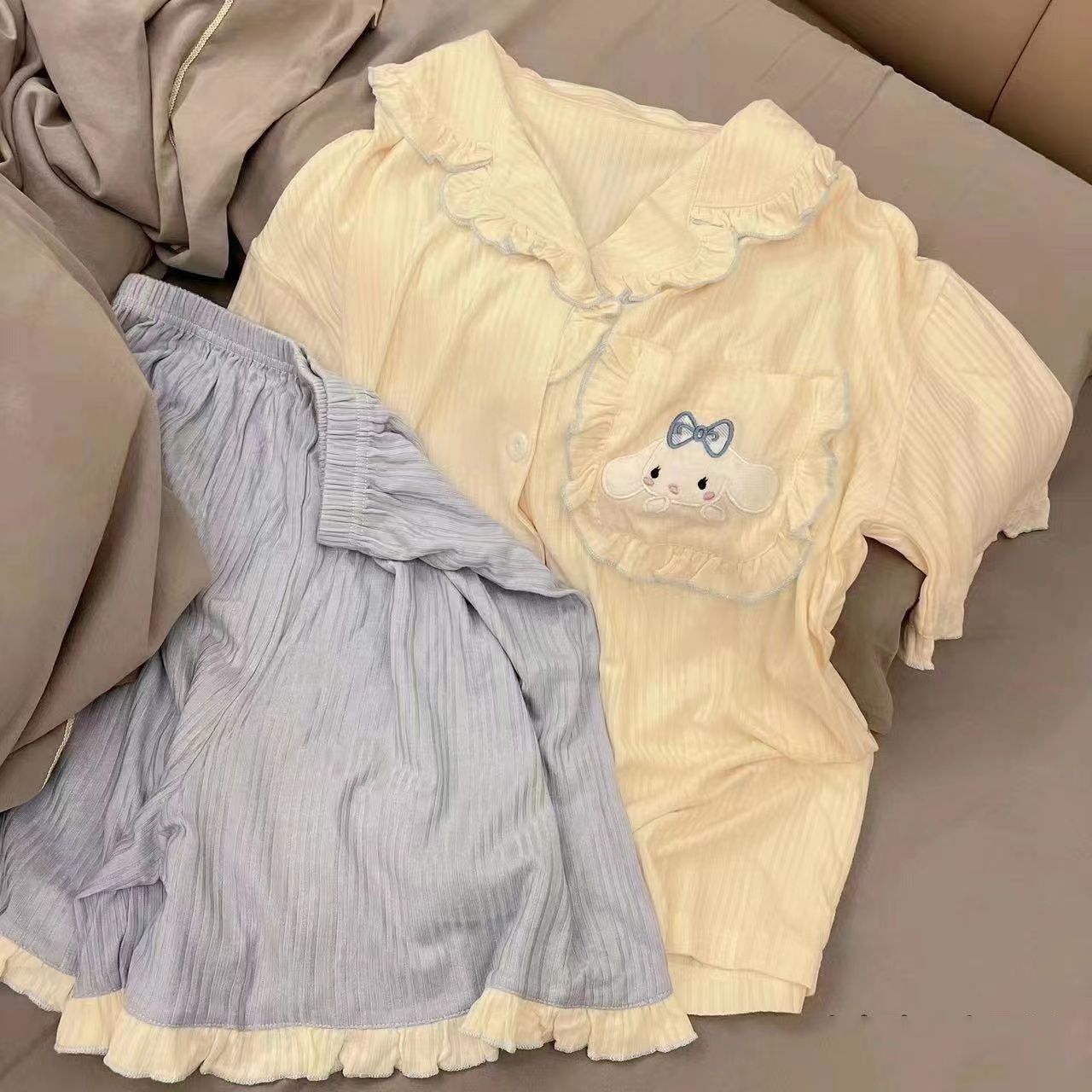 Pajamas female summer cute short-sleeved thin section ins style ruffles Japanese cinnamon dog girls home clothes can be worn outside