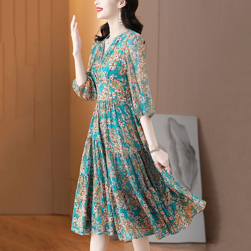 Dress women's  summer new loose floral imitation silk mid-length noble mid-sleeve printed a-line skirt