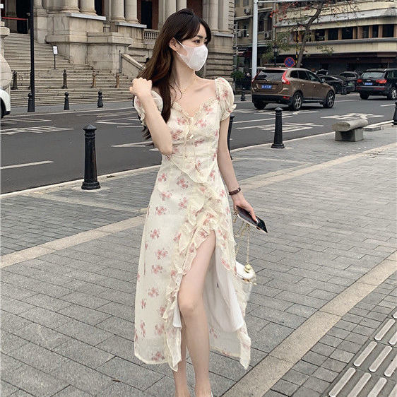 2022 summer new style ruffled chiffon floral short-sleeved dress atmosphere feeling split fork slim pure desire long skirt female