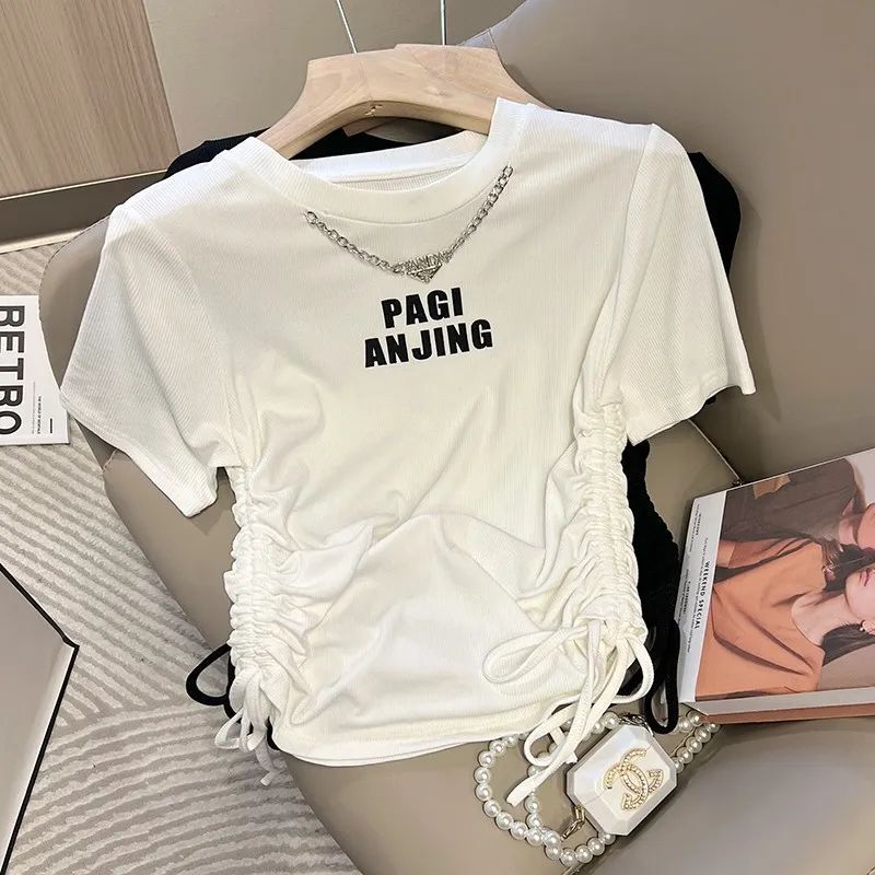 Round neck necklace double drawstring letters short-sleeved t-shirt women's 2023 summer dress design sense niche hot girl slim...