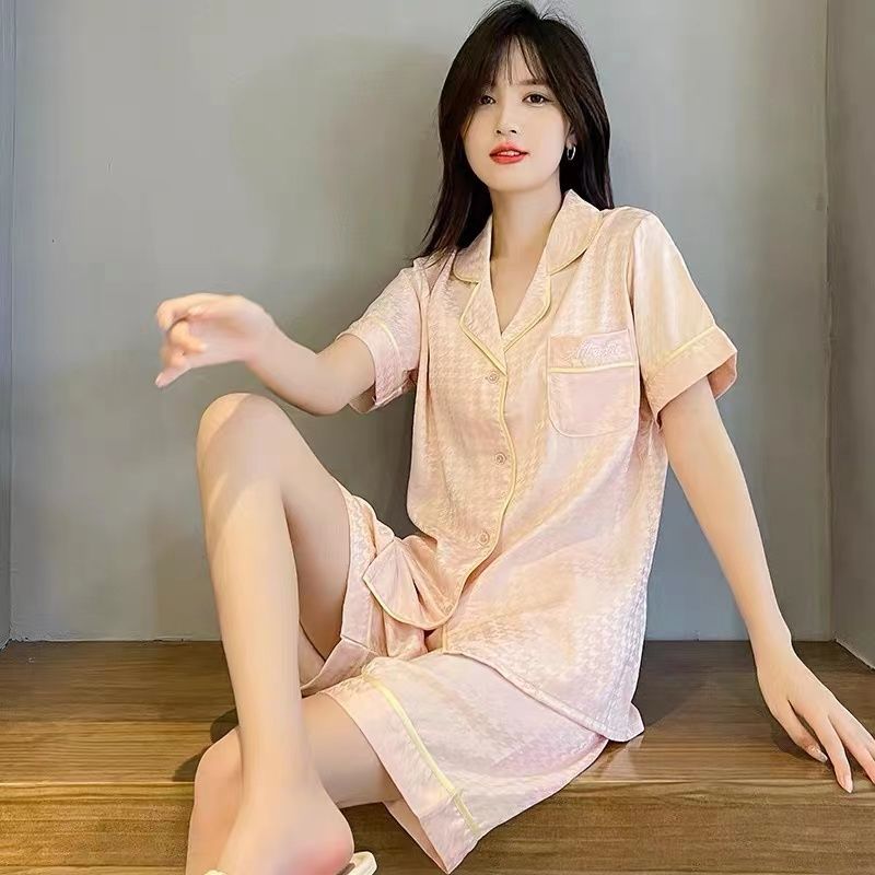 Pink pajamas women's  new summer ice silk short-sleeved houndstooth high-quality summer thin home service suit