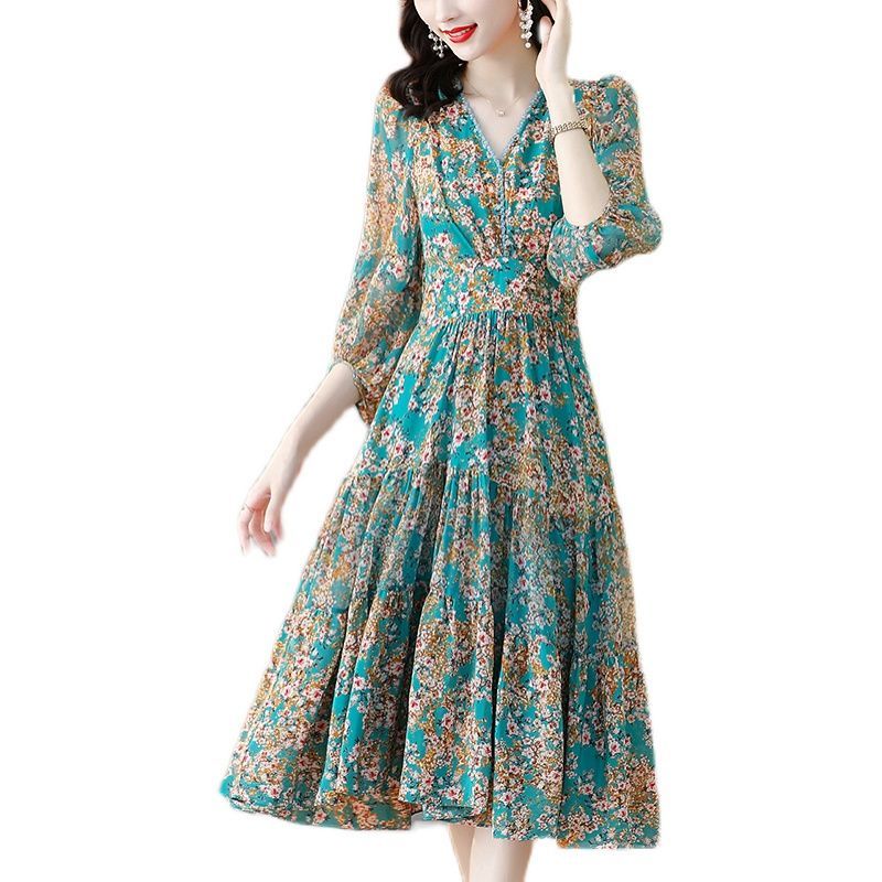 Dress women's  summer new loose floral imitation silk mid-length noble mid-sleeve printed a-line skirt