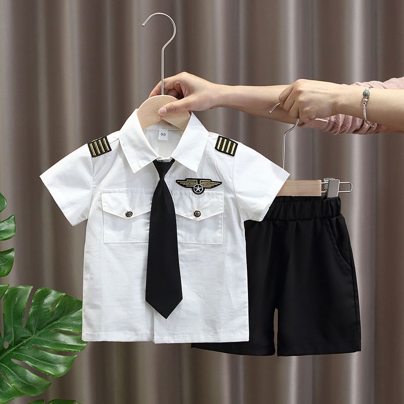 男童夏裝套裝2023新款兒童飛機制服襯衫領帶兩件套寶寶機長表演服