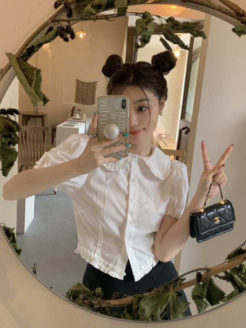 Retro Puff Sleeve Doll Collar Shirt Women's Clothes Summer  New Short Short Sleeve White Top With Wooden Ears