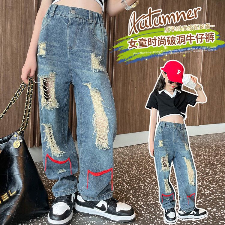 Send belt] children's wide-leg pants girls loose high-waisted denim Korean version of the big children primary school students elastic straight-leg pants