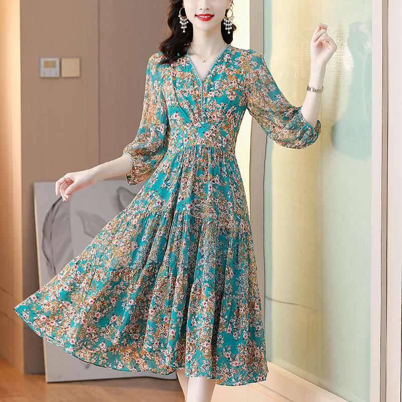 Dress women's  summer new loose floral imitation silk mid-length noble mid-sleeve printed a-line skirt