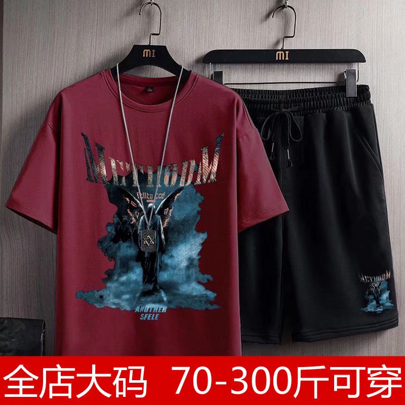 Plus fat plus size summer tide brand ins casual sports suit fat man trend loose short-sleeved shorts two-piece set