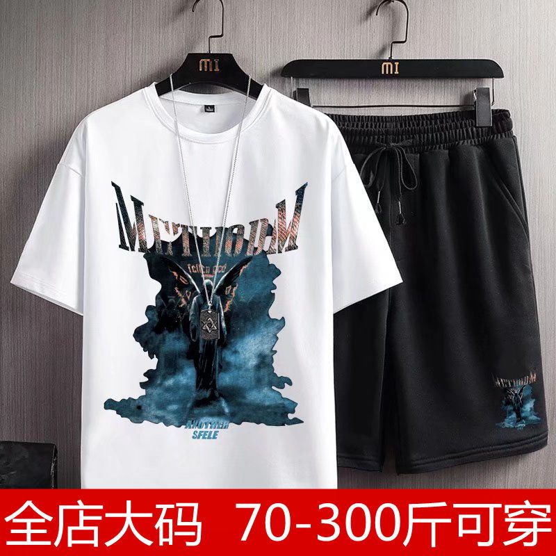 Plus fat plus size summer tide brand ins casual sports suit fat man trend loose short-sleeved shorts two-piece set