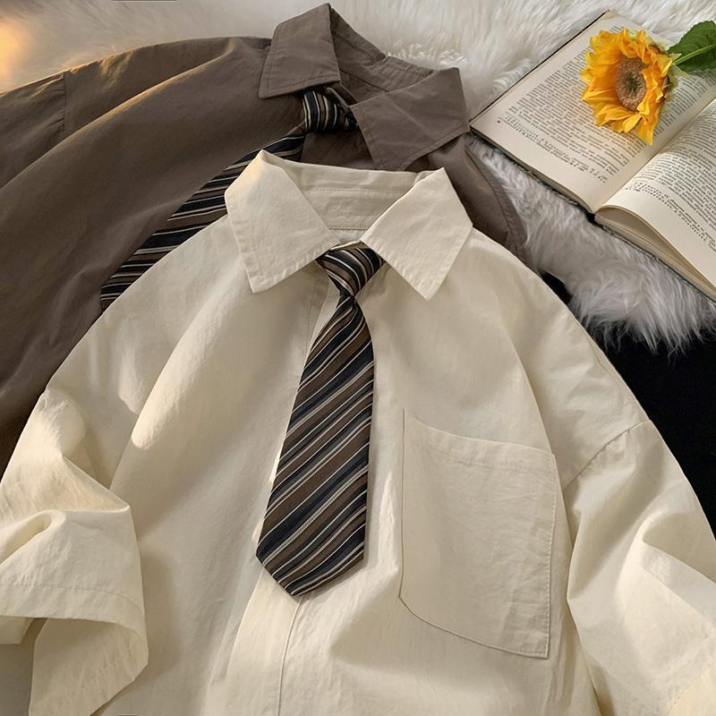 美式复古短袖衬衫夏季学院风设计感领带宽松潮流男女衬衣外套半袖