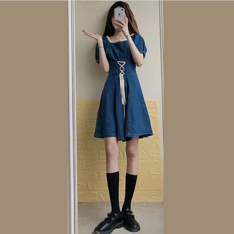 微胖女生穿搭牛仔連衣裙女夏季大碼減齡氣質收腹顯瘦遮肉背帶裙子