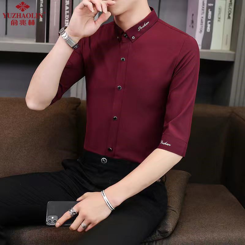 Yu Zhaolin summer men's mid-sleeve shirt men's trendy three-quarter sleeves non-ironing anti-wrinkle business five-quarter sleeve youth shirt