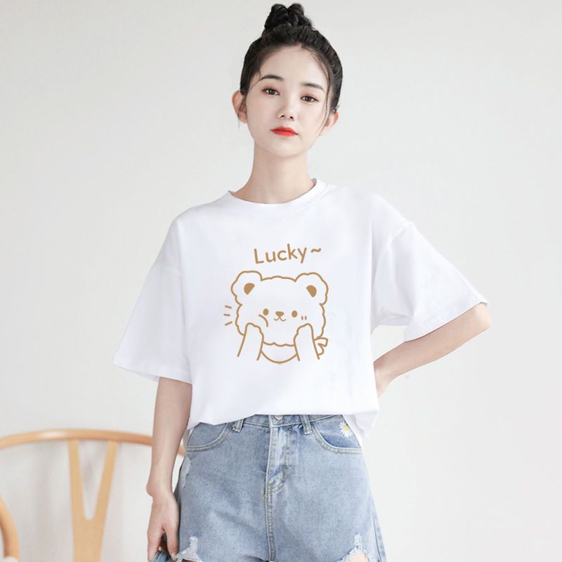 White T-shirt women's loose short-sleeved ins simple all-match 2023 new summer cartoon letter top pure cotton half-sleeve