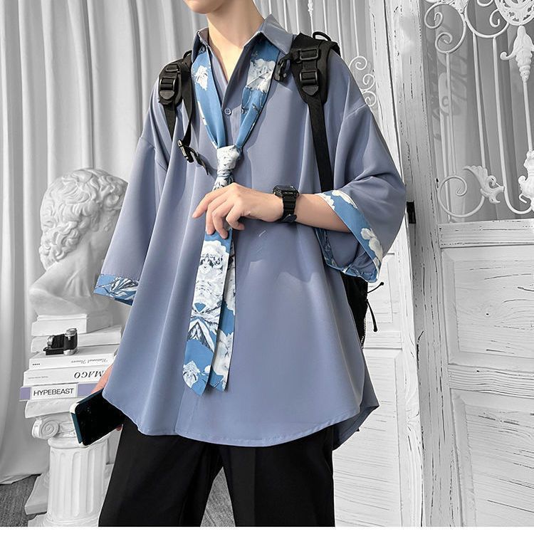 Three-quarter sleeve summer shirt men's ice silk drape loose clothes short-sleeved jacket ins Hong Kong style men's handsome shirt