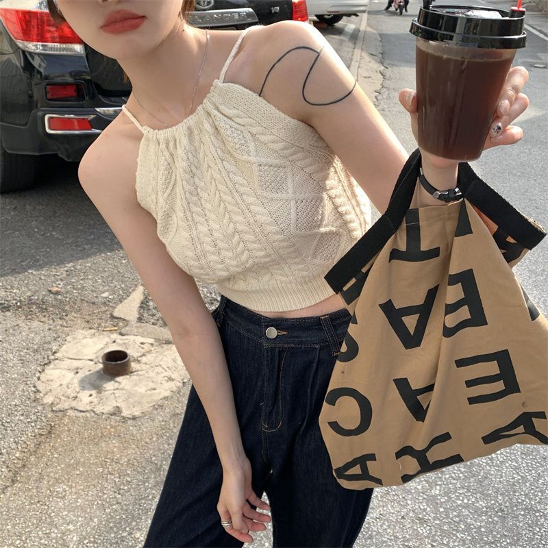 Pure Sweet Hot Girl Style Halter Neck Knitted Small Camisole Women's 2022 Summer New Slim Short Top Wear Outside