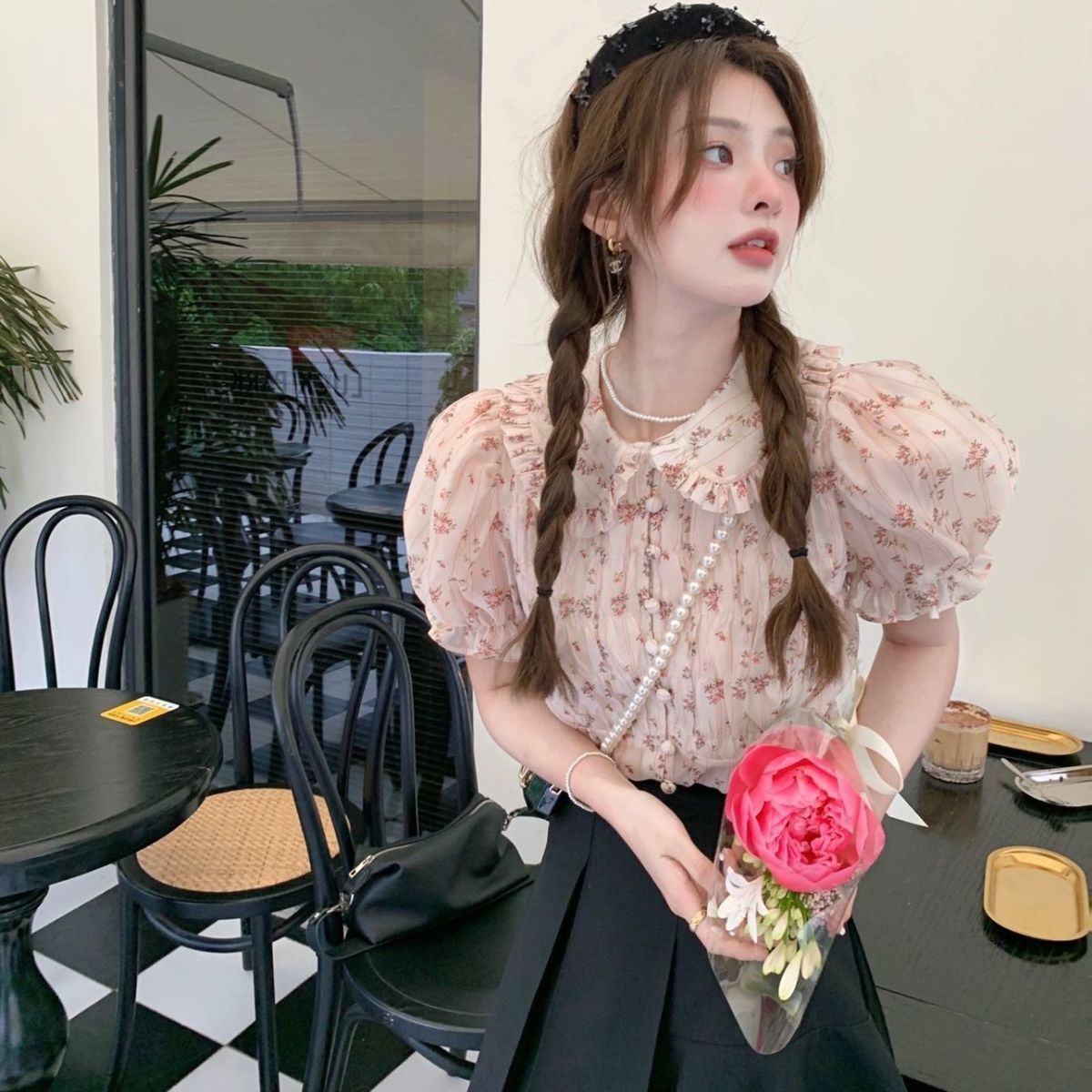 韩系夏季新款娃娃领泡泡袖碎花小衬衫+高腰百褶裙两件套装/单件潮