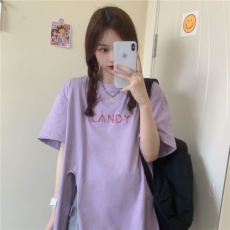 Letter printing slit short-sleeved t-shirt women's  new summer Korean style design sense niche loose top trend