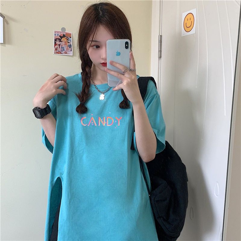 Letter printing slit short-sleeved t-shirt women's  new summer Korean style design sense niche loose top trend