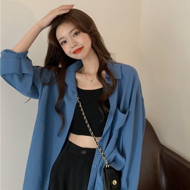 Korean version 2022 new thin blue shirt summer tops women's design niche versatile long-sleeved jacket trend