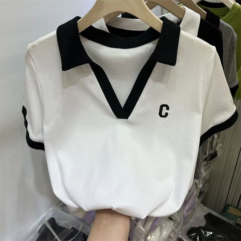 European goods color contrast lapel letter embroidery short-sleeved T-shirt women's  summer new Harajuku Polo shirt trendy