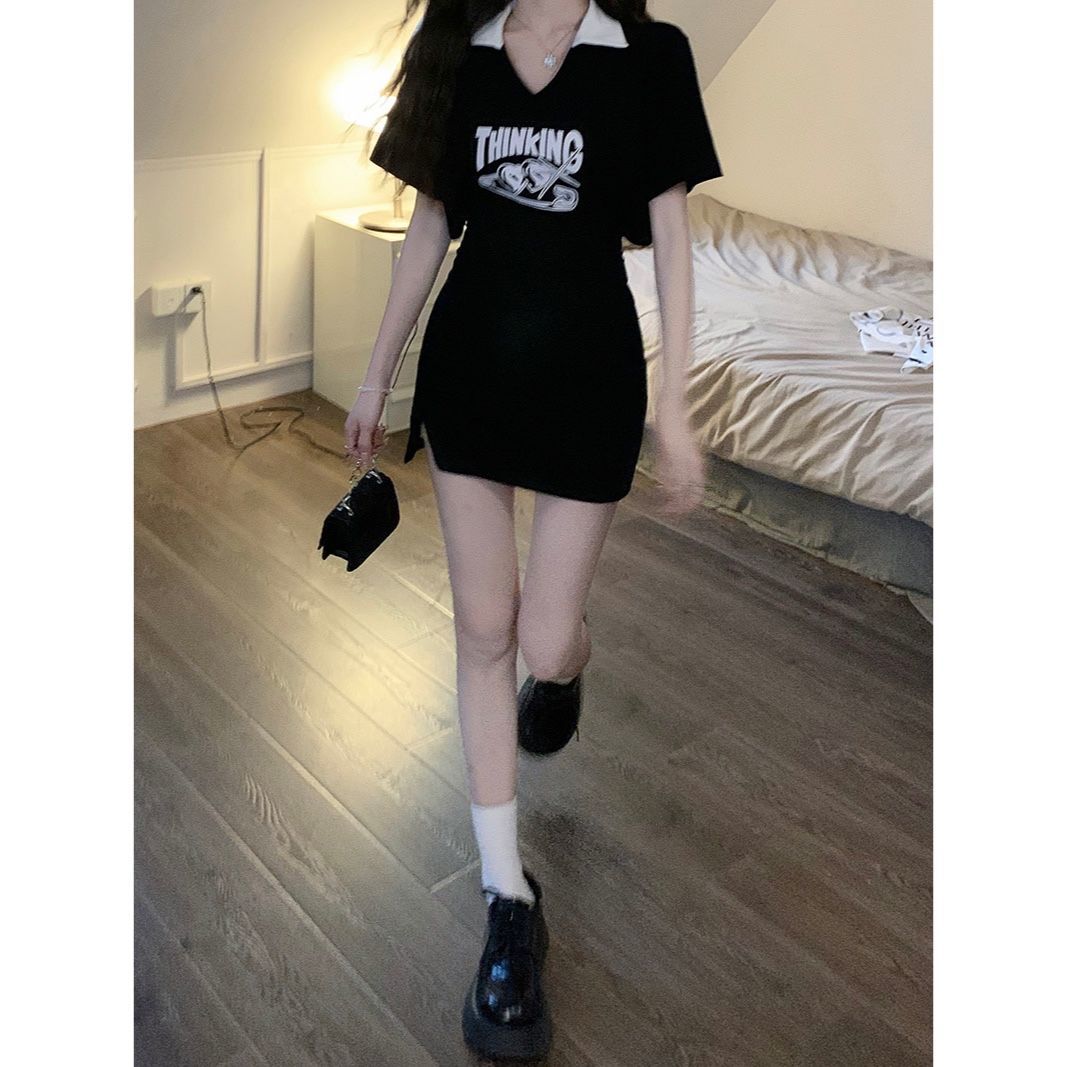 Polo collar dress women's summer 2023 new sweet cool hot girl be careful machine show waist thin slit short-sleeved skirt