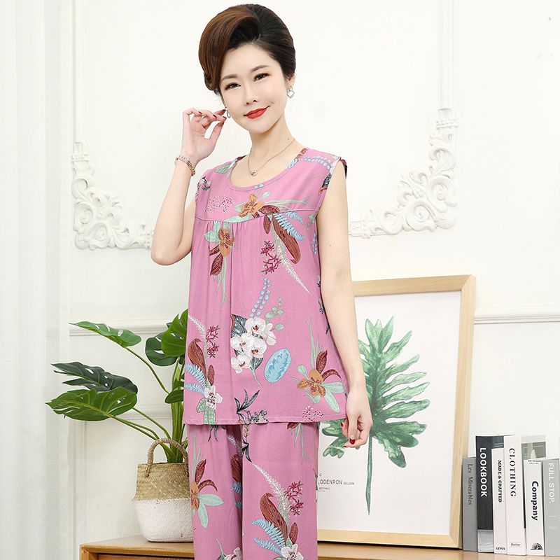 Middle-aged and elderly summer pajamas women's mother cotton silk suit summer sleeveless home service artificial cotton oversized vest