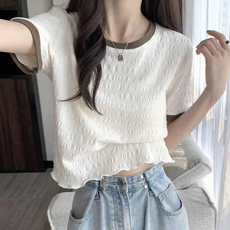 Contrasting color short-sleeved t-shirt women summer short large size fat mm 200 catties design sense niche chic chiffon shirt top women