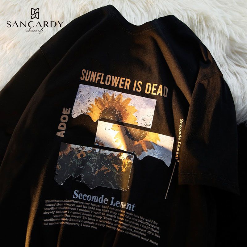 Sanguicardin 100% cotton American retro cracked sunflower short-sleeved T-shirt for men and women sweet salt half-sleeved