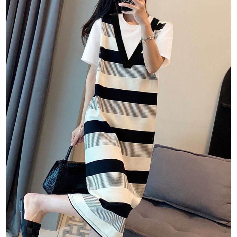 Fake two-piece stitching striped dress fat MM extra large size 300 catties summer loose Tibetan meat thin pregnant woman T-shirt skirt