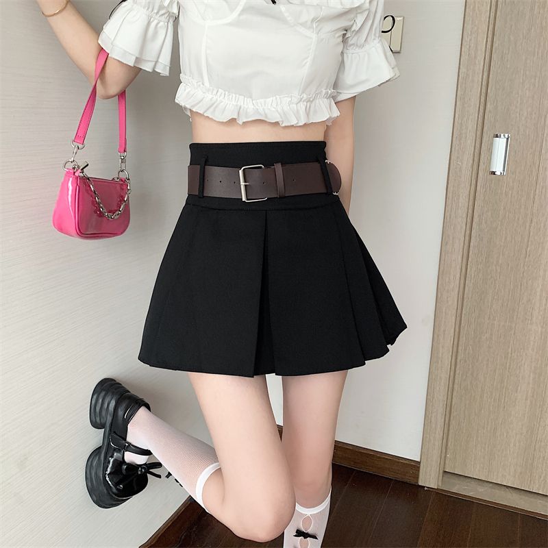 American retro pleated skirt for women's spring and summer new high waisted spicy girl A-line skirt, small black ultra short skirt