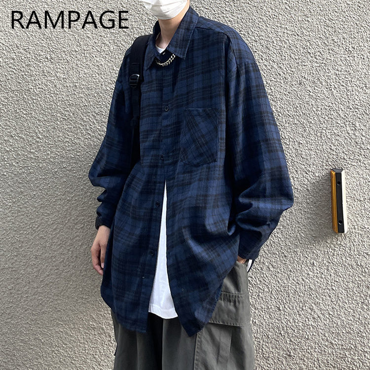 Rampage日系原宿风磨毛格子长袖衬衫男式原宿风宽松休闲衬衣潮