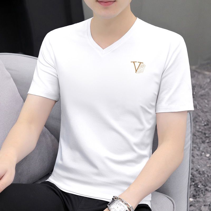 男士高端品質純棉冰感上衣短袖T恤夏季新款印花休閒簡約V領體恤男