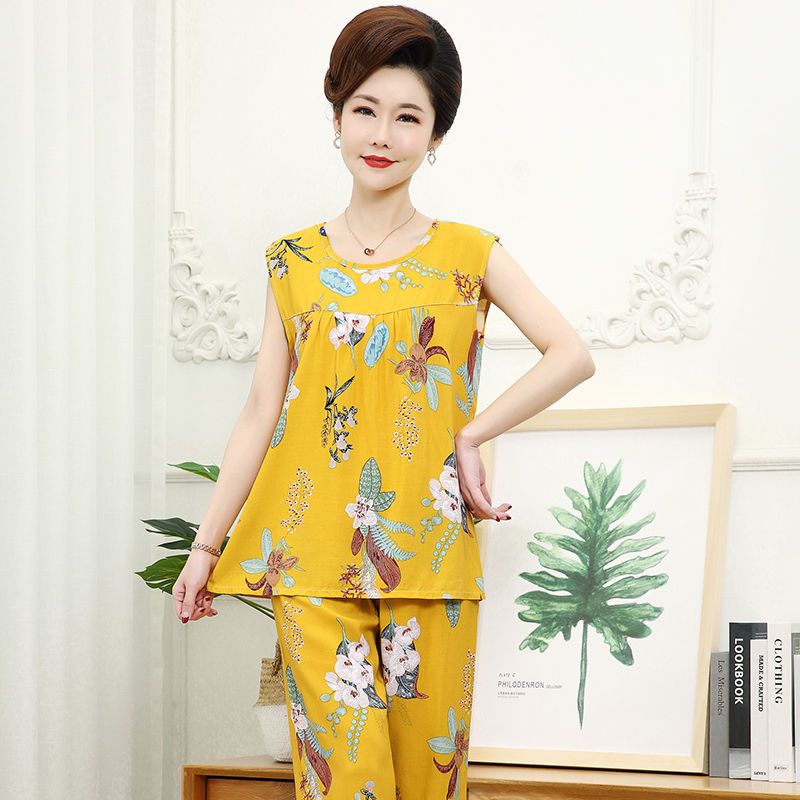Middle-aged and elderly summer pajamas women's mother cotton silk suit summer sleeveless home service artificial cotton oversized vest