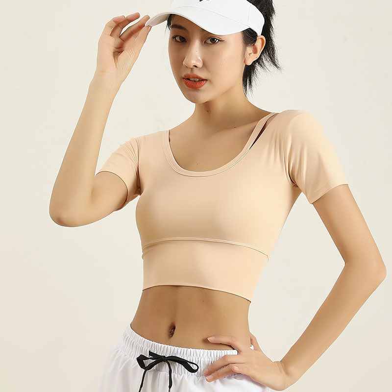 带胸垫瑜伽服女夏季跑步普拉提专业健身上衣性感运动性感短袖T恤